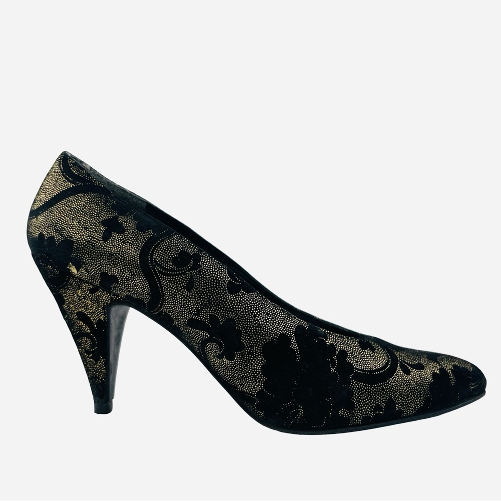 Stuart Weitzman Vintage Black Gold Velvet Floral Heels Party Shoes Size 7.5